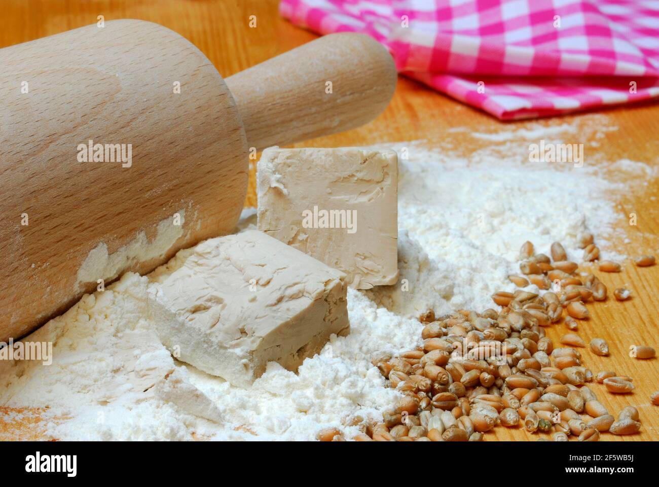 Baker's yeast, yeast, yeast cubes and wheat flour, wheat grains, flour