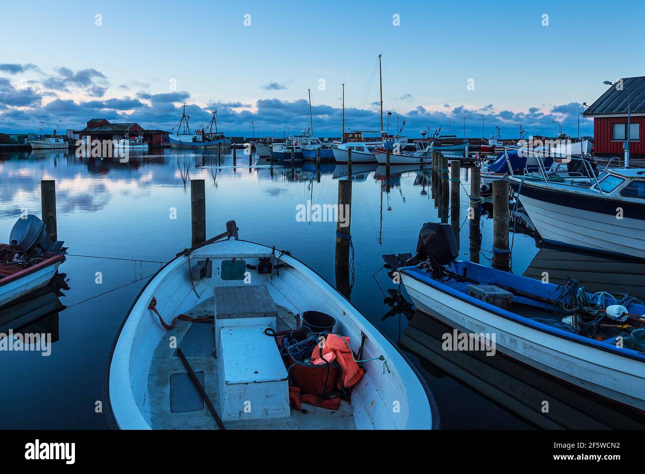 View to the port of Klintholm Havn in Denmark. Stock Photo