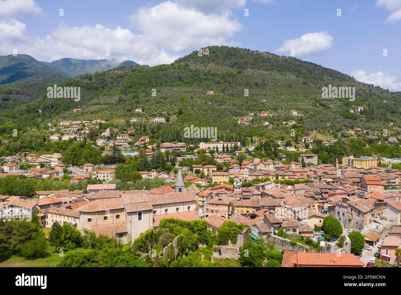 Aerial view of the mountain village Sospel at an altitude of 350 m at the river Bevera at the edge of the Mercantour National Park at the French Stock Photo