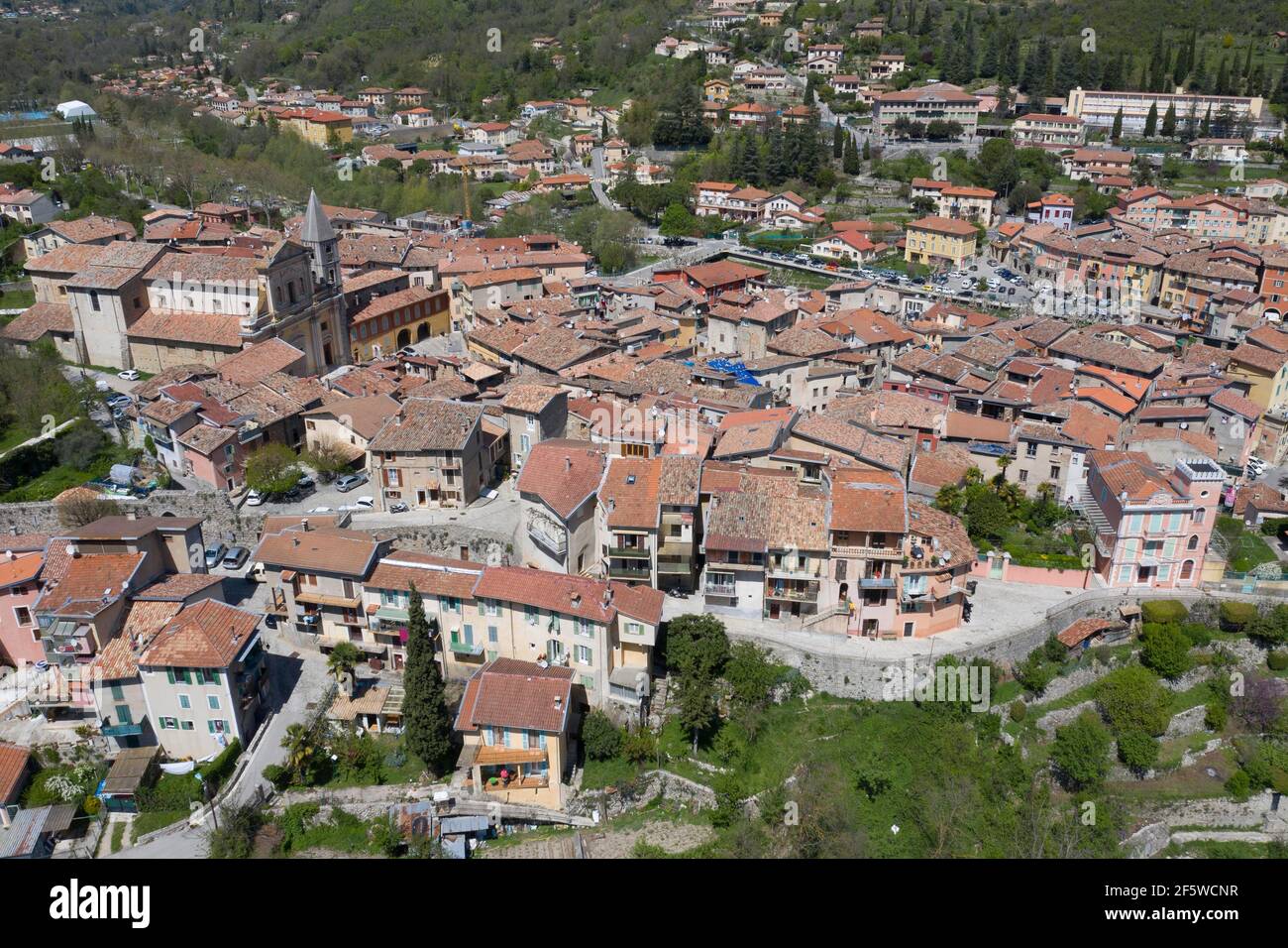 Aerial view of the mountain village of Sospel on the river Bevera at the edge of the Mercantour National Park, Alpes-Maritimes department, Provence Stock Photo