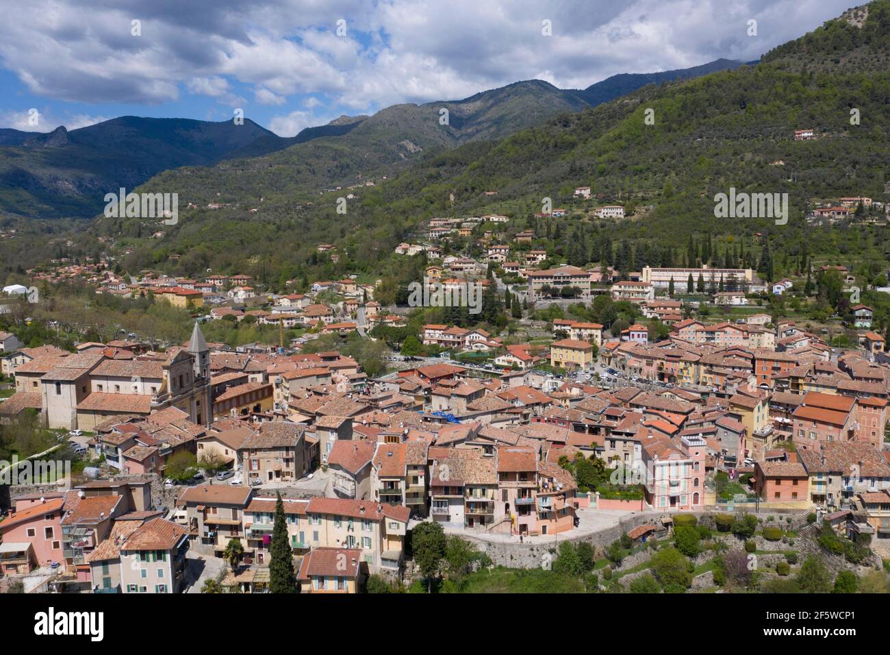 Aerial view of the mountain village of Sospel on the river Bevera at the edge of the Mercantour National Park, Alpes-Maritimes department, Provence Stock Photo