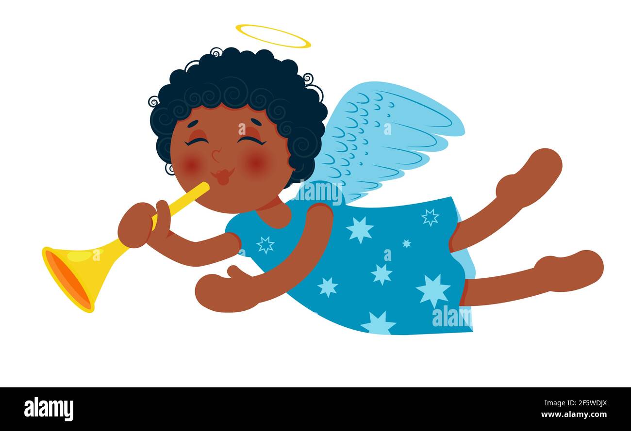 Cute little Christmas angel with trumpet. African-american baby girl. Cartoon character. Vector illustration. Stock Vector