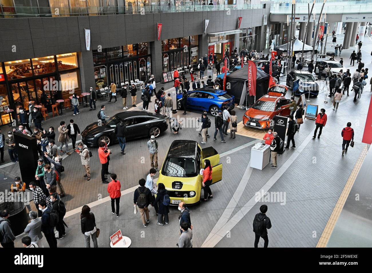 Tokyo, Japan. 28th Mar, 2021. Electric vehicles of 12 companies are seen displayed at an event in Tokyo, Japan on Sunday, March 28, 2021. Sony's electric concept car Vision-S is first opening to the public in Japan. Photo by Keizo Mori/UPI Credit: UPI/Alamy Live News Stock Photo