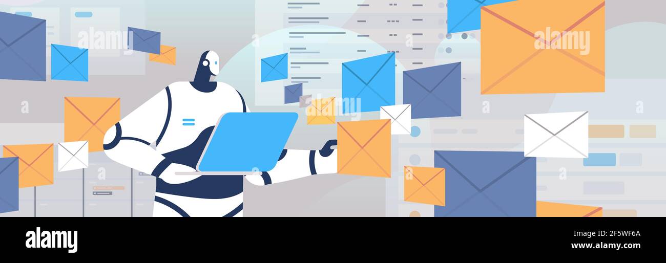 robot using laptop sending and receiving envelopes email letters