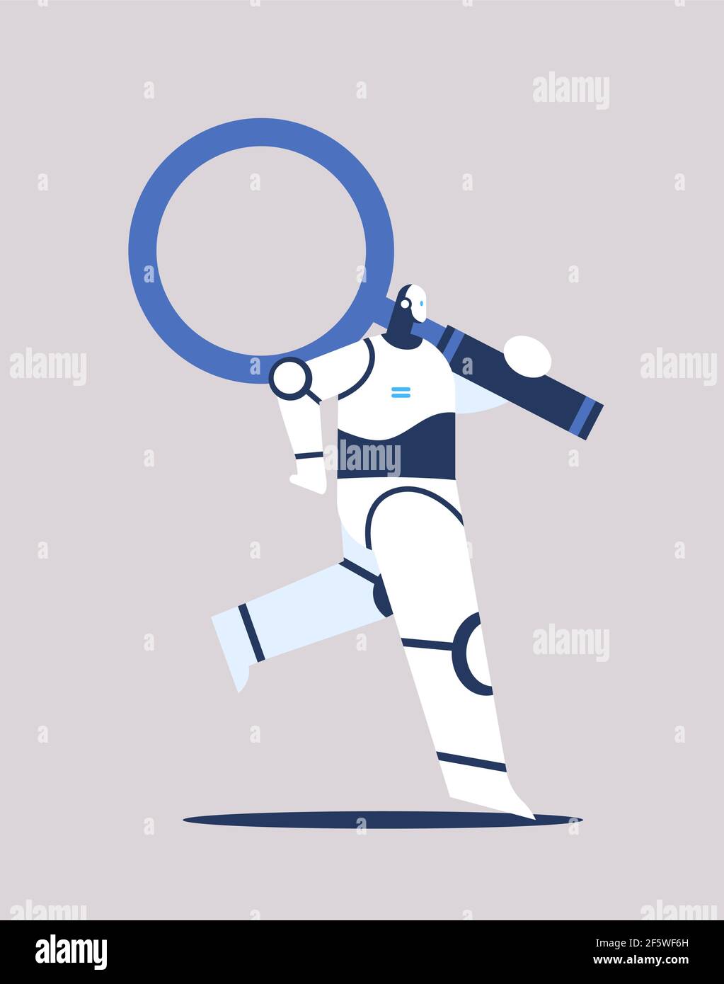 cute robot with magnifying glass modern robotic character artificial intelligence technology exploration Stock Vector