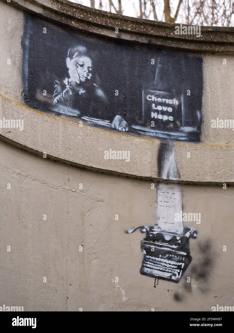 Banksy-style street art, Reading Bridge, Reading, Berkshire, England, UK, GB. Stock Photo