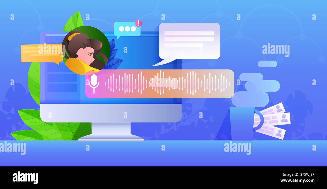 girl communicating in instant messenger by voice messages audio chat