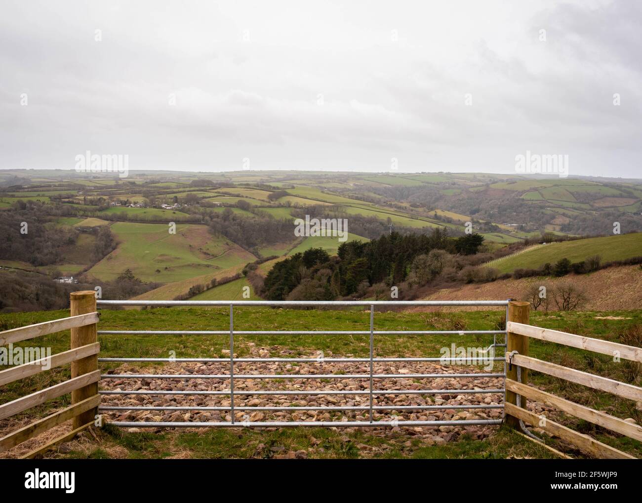 A view over Exmoor National Park in North Devon on the road from Barnstaple to Lynton in March 2021 Stock Photo