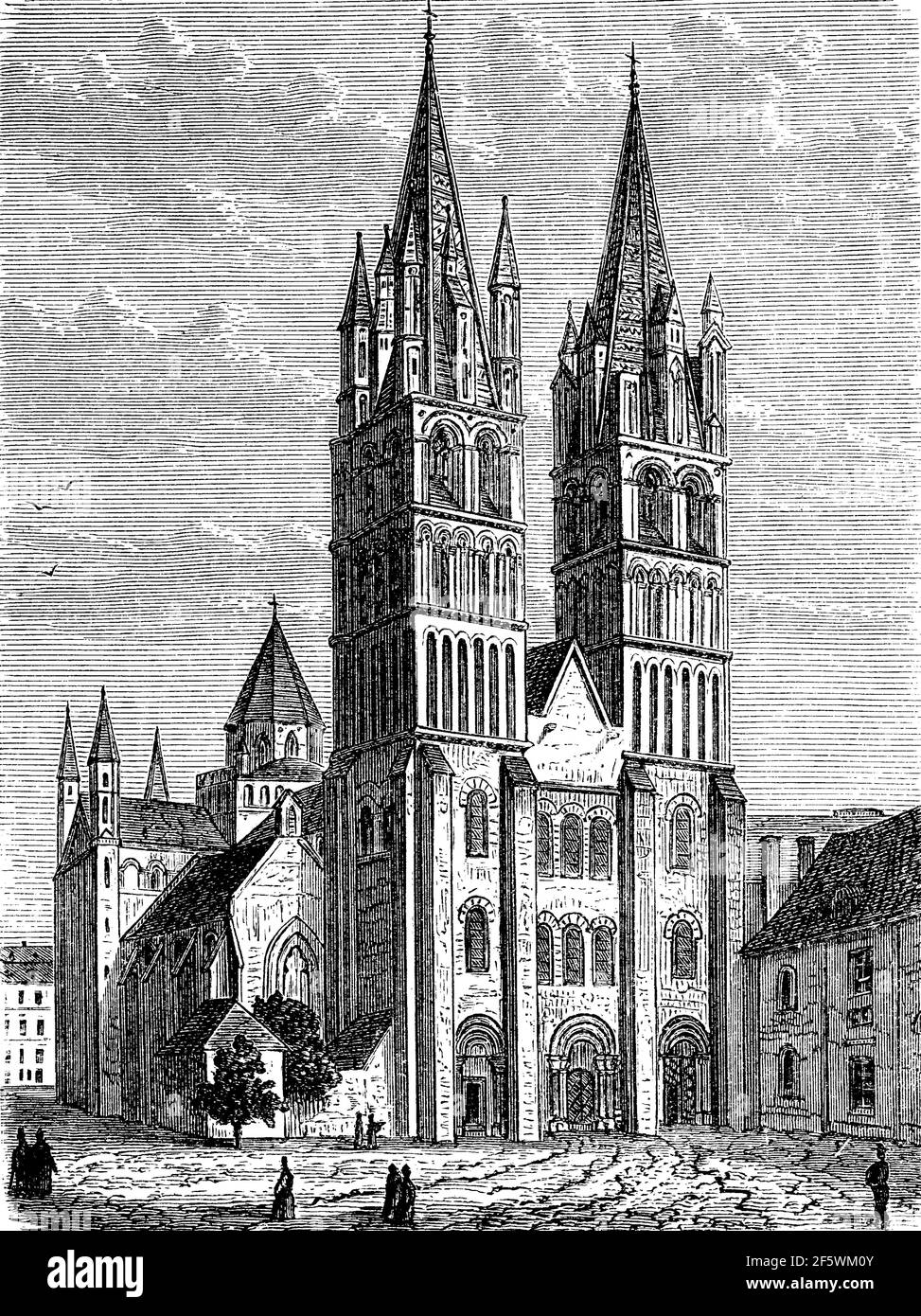 Cathedral of St. Stephen in Caen, burial place of William the Conqueror, Normandy, France, in 1870  /  Kathedrale St. Stephan in Caen, Grabstätte von Wilhelm der Eroberer, Normandie, Frankreich, im Jahre 1870, Historisch, historical, digital improved reproduction of an original from the 19th century / digitale Reproduktion einer Originalvorlage aus dem 19. Jahrhundert, Stock Photo