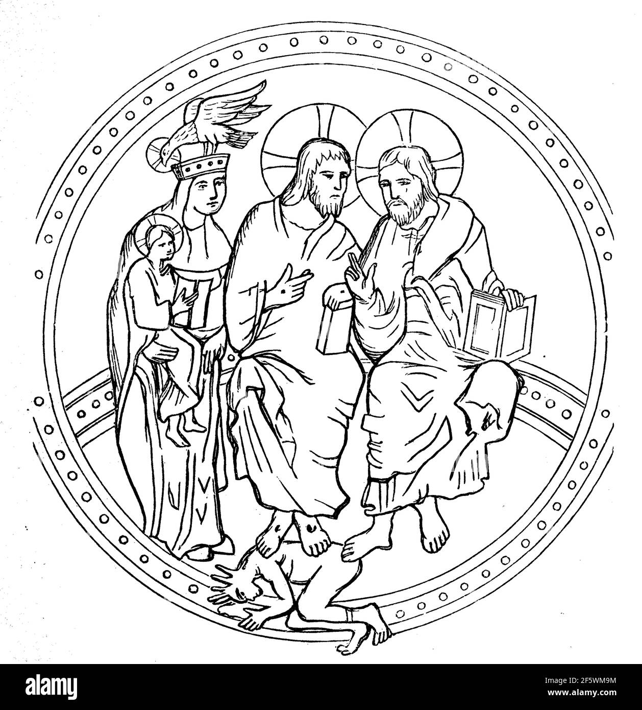 Symbolic representation of the Trinity in the 10th century, Trinity, Trinity or Trinity, trinitas, in Christian theology is the essential unity of God in three persons or hypostases  /  Symbolische Darstellung der Dreieinigkeit im 10. Jahrhundert, Dreieinigkeit, Dreifaltigkeit oder Trinität, trinitas, ist in der christlichen Theologie die Wesenseinheit Gottes in drei Personen oder Hypostasen, Historisch, historical, digital improved reproduction of an original from the 19th century / digitale Reproduktion einer Originalvorlage aus dem 19. Jahrhundert, Stock Photo