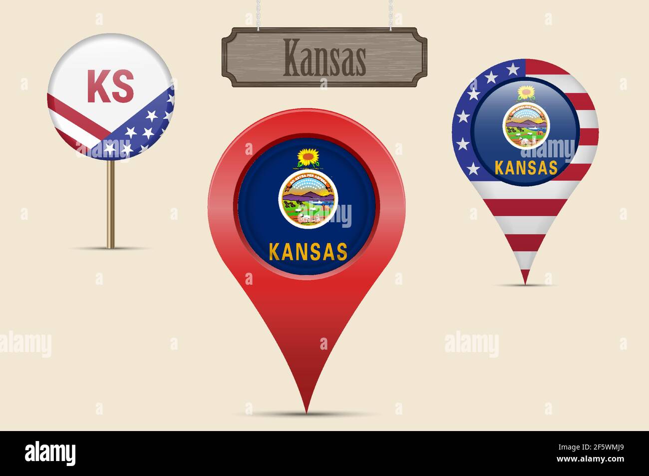 Kansas US state round flag. Map pin, red map marker, location pointer