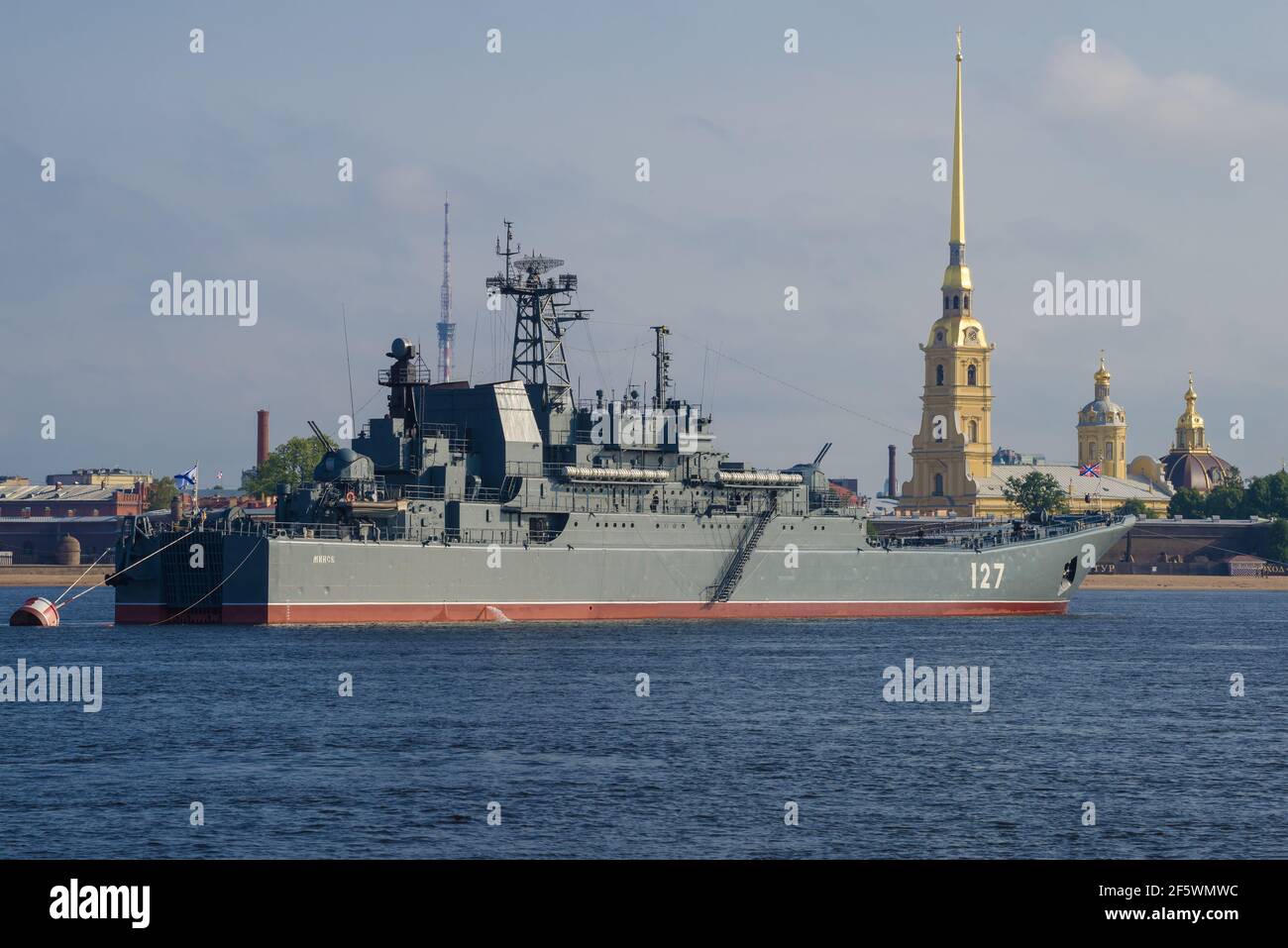 SAINT PETERSBURG, RUSSIA - JULY 28, 2018: Large landing ship 'Minsk' in the background of the Peter and Paul Cathedral. Preparation for the Day of the Stock Photo