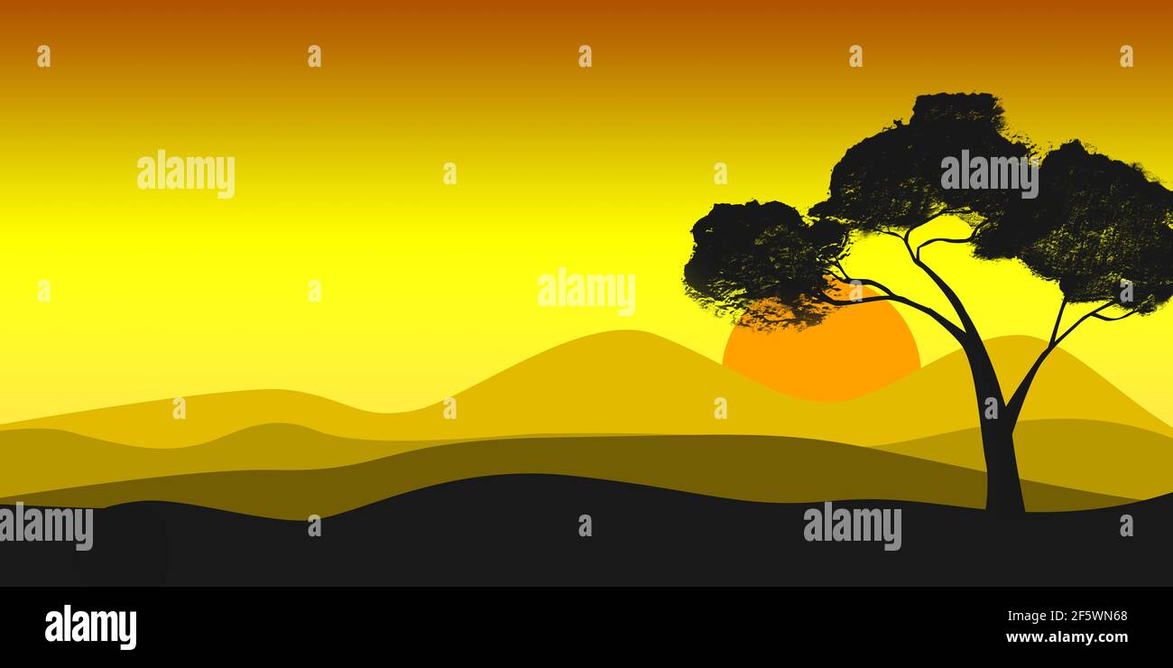 An illustration of a tree silhouette in a field during the sunset Stock ...