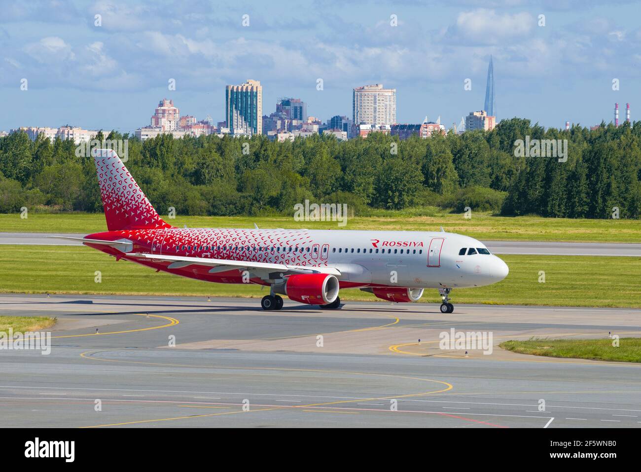 SAINT PETERSBURG, RUSSIA - JUNE 20, 2018: Airplane Airbus A320-200 Kursk (VQ-BCG) of Rossiya Airlines on the taxiway of Pulkovo airport on a sunny Jun Stock Photo