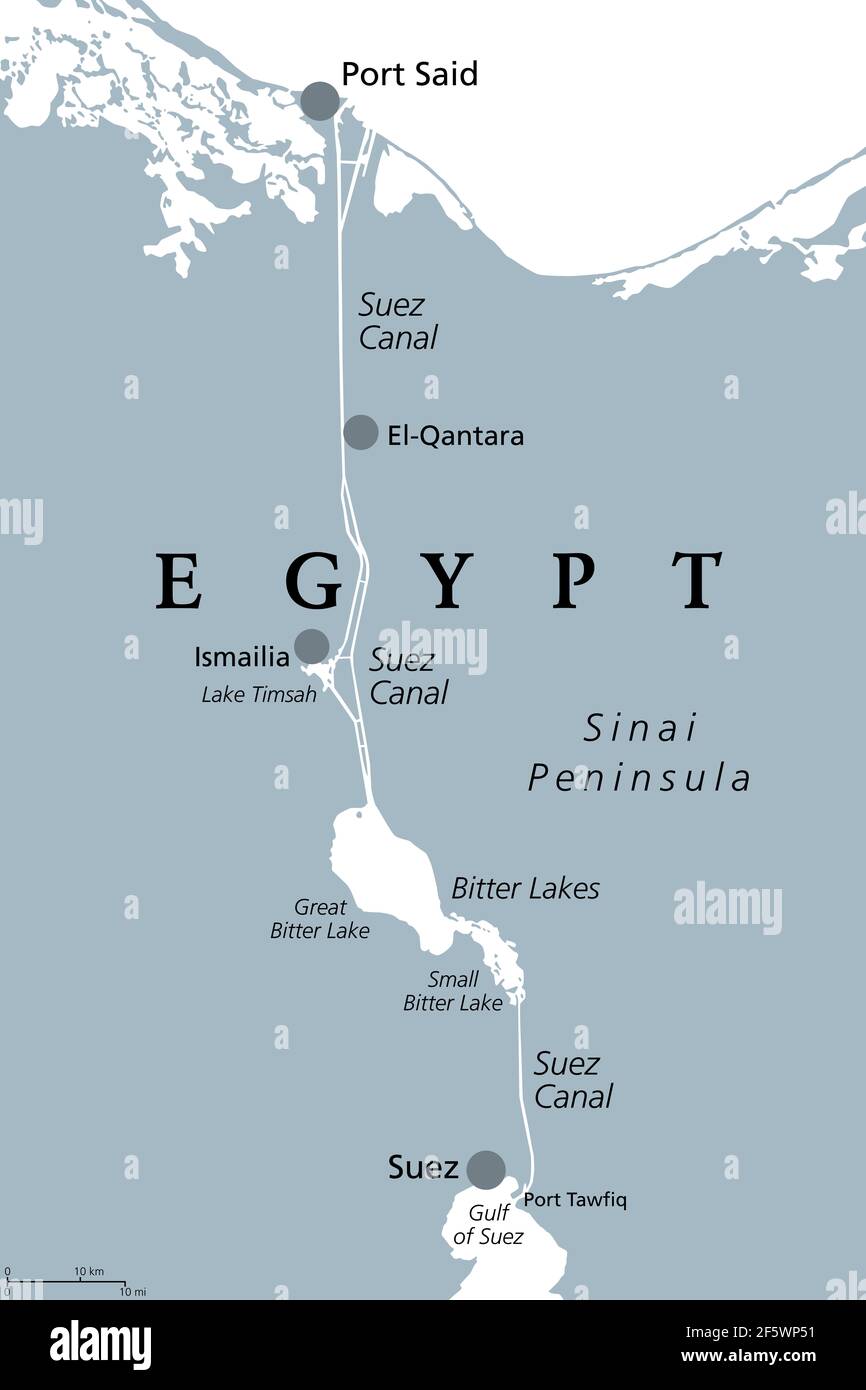 Suez Canal, gray political map. Artificial sea-level waterway in Egypt, connecting the Mediterranean Sea to the Red Sea, dividing Africa and Asia. Stock Photo