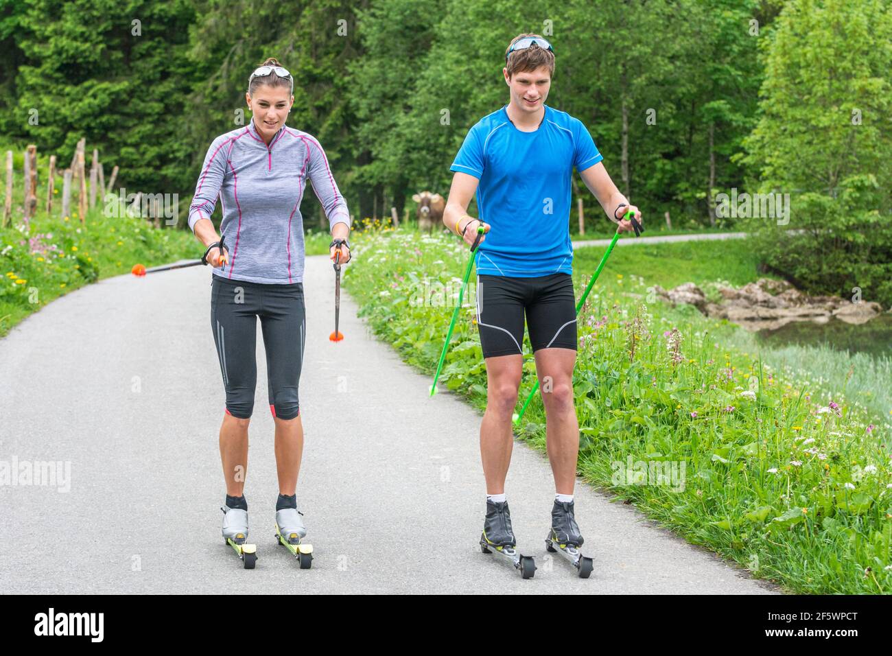 CCSkiers during a training session in summertime Stock Photo Alamy