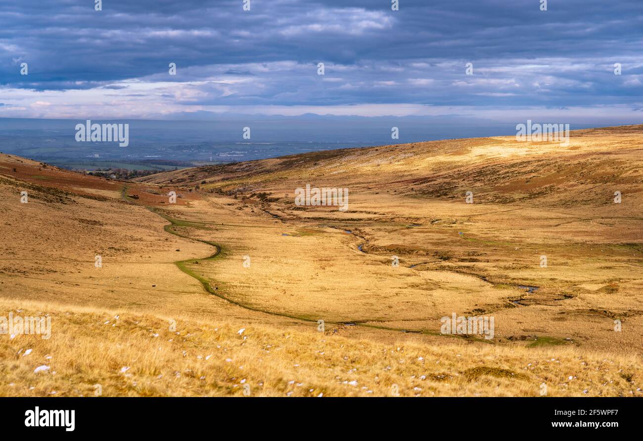 A view north from Oke Tor over the Taw Marsh toward the village of Belstone, Dartmoor National Park, Devon, England, UK. Stock Photo