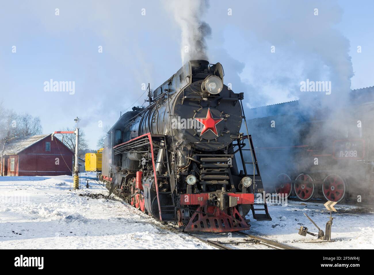 SORTAVALA, RUSSIA - AUGUST 26, 2021: Soviet mainline steam locomotive LV-0522 on the station on a frosty March day Stock Photo