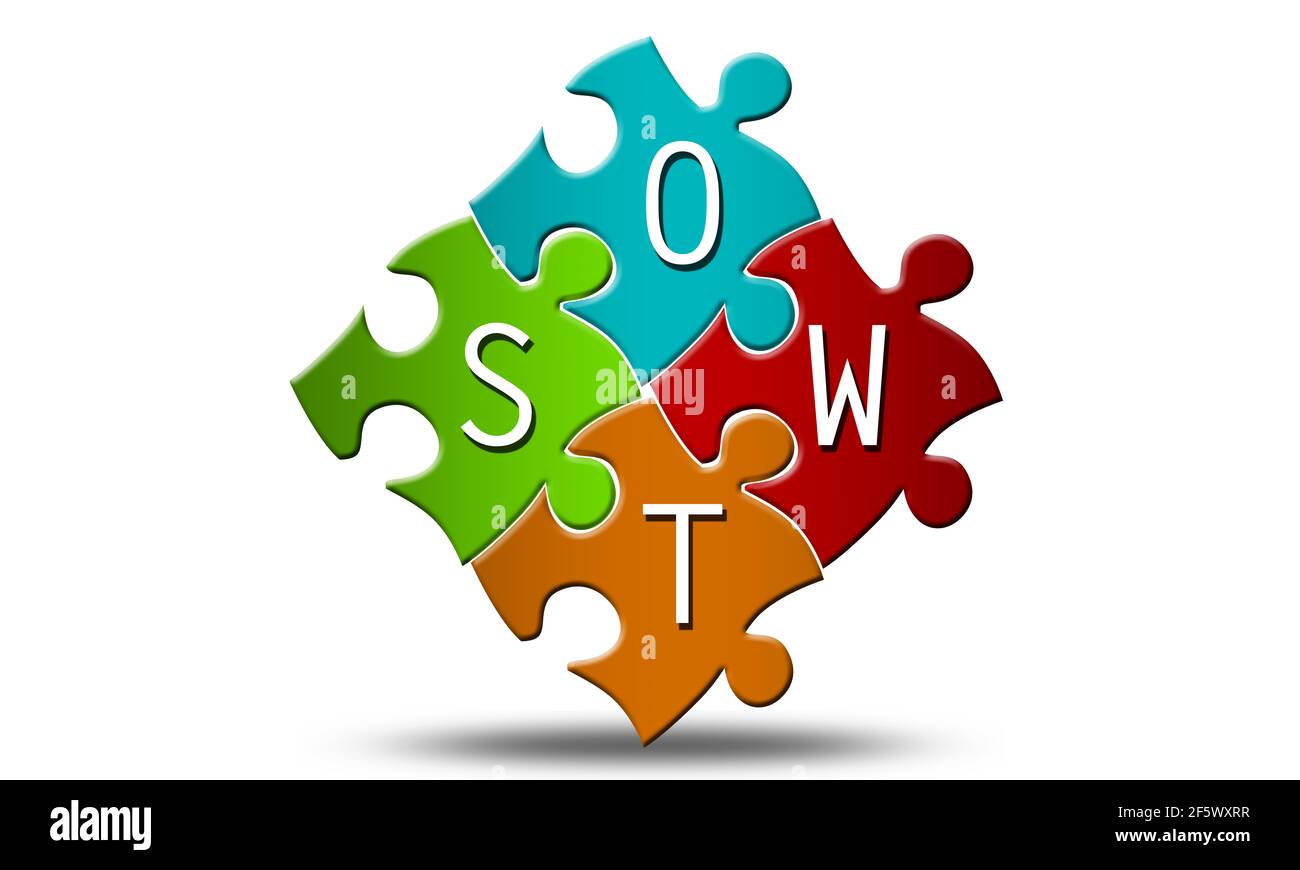 An illustration of a jigsaw puzzle with 'SWOT' written on the pieces isolated on a white background Stock Photo