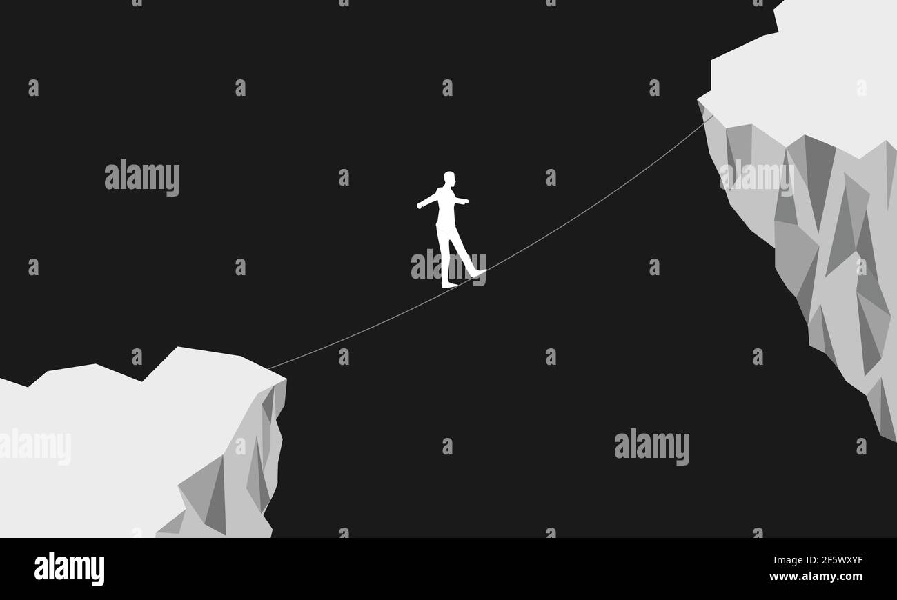 An illustration of a human figure walking on a thin rope on cliffs ...