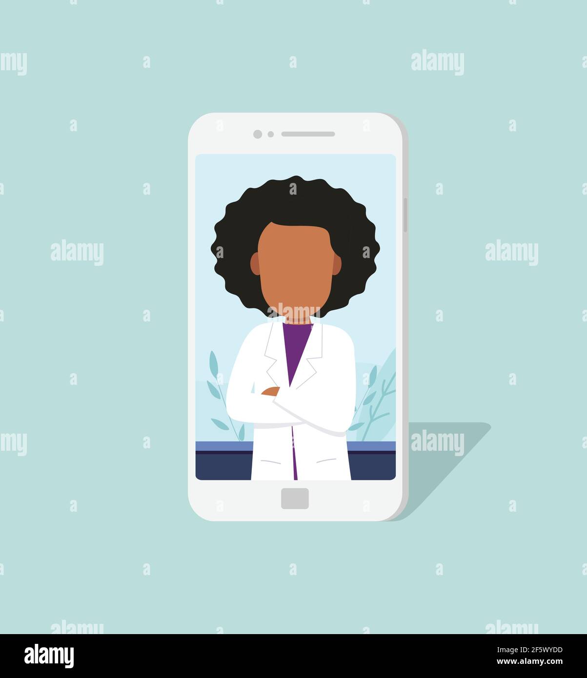 Cellphone screen with black woman doctor online. Medicine and telemedicine concept. Vector flat person illustration. Stock Vector