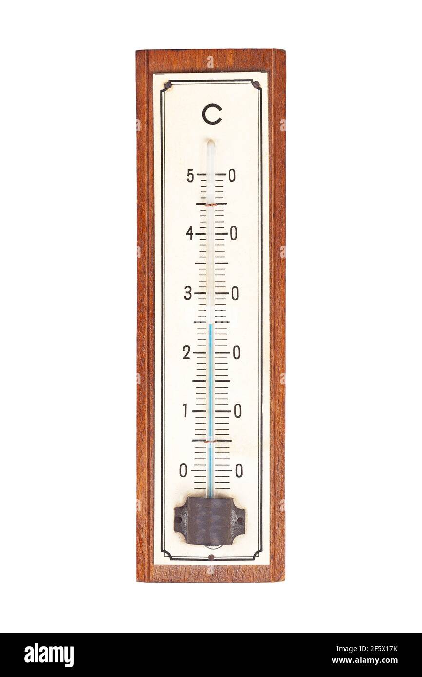 Simple wooden outdoor mercury thermometer showing 25 degrees celsius, top  view, from above. Object isolated on white, cut out. Plain old thermometer  Stock Photo - Alamy