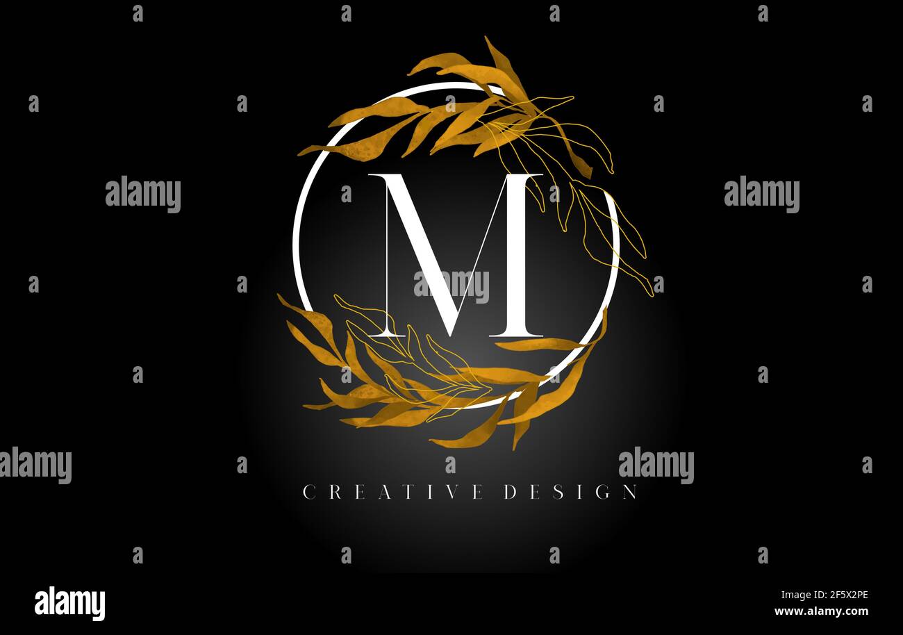 Golden Leaf Letter M Logo Design With Gold leafs and Golden Monoline ...