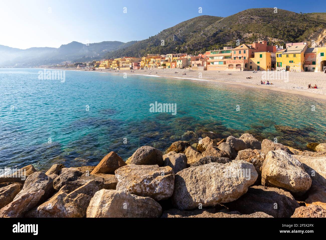 View of the colorful houses and the beach of Varigotti, Finale Ligure, Savona district, Ponente Riviera, Liguria, Italy. Stock Photo