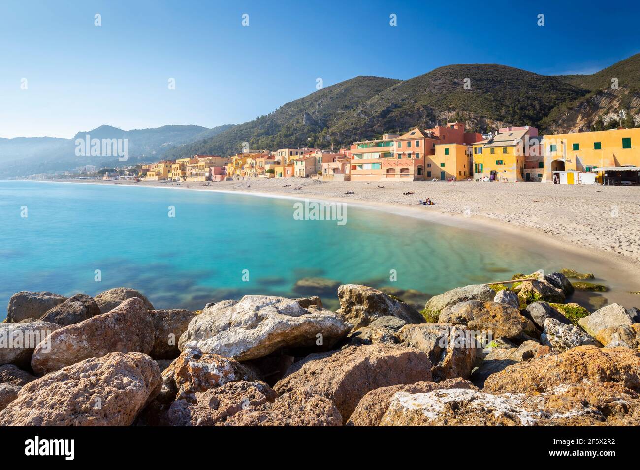 View of the colorful houses and the beach of Varigotti, Finale Ligure, Savona district, Ponente Riviera, Liguria, Italy. Stock Photo