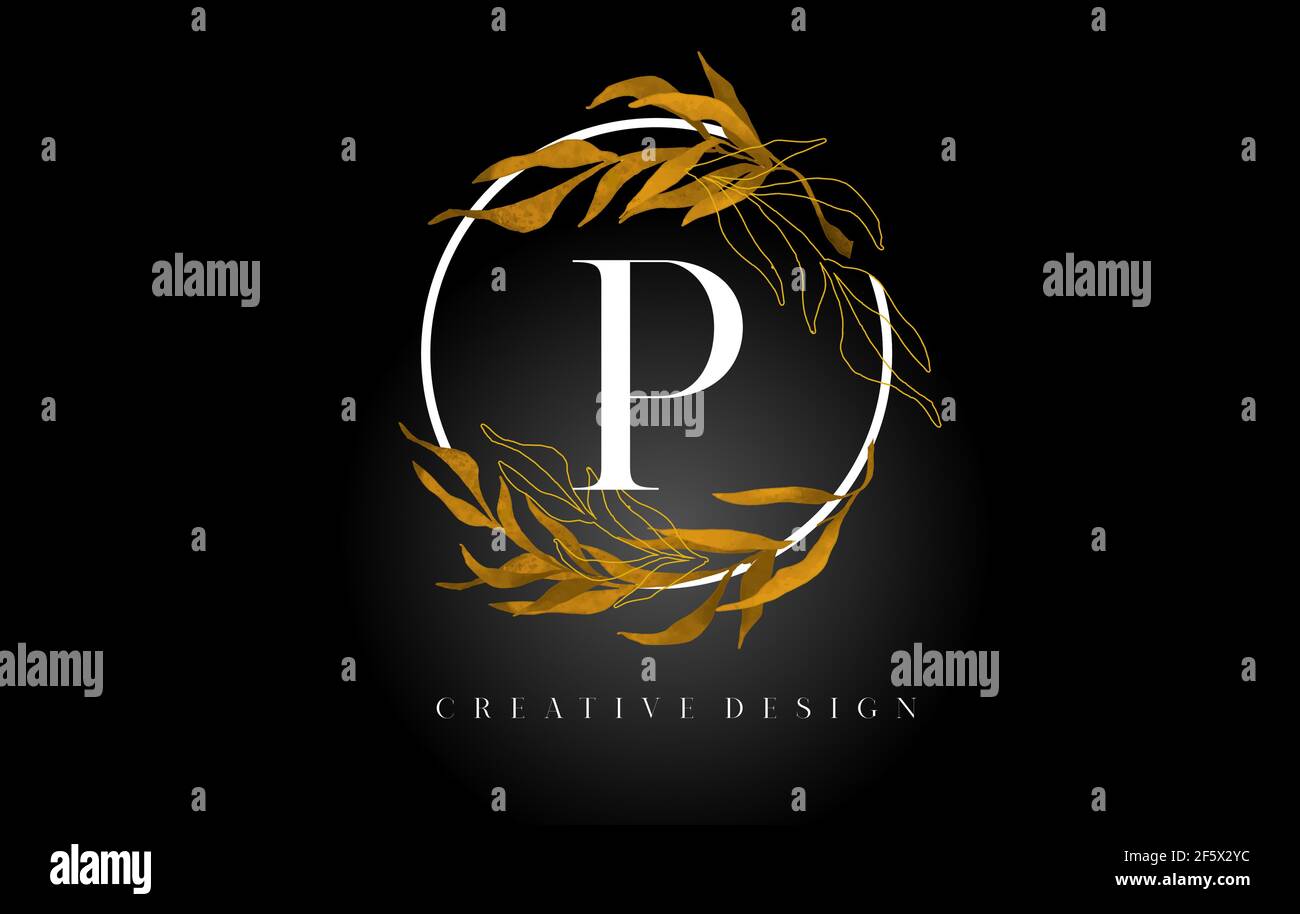 Golden Leaf Letter P Logo Design With Gold leafs and Golden Monoline ...