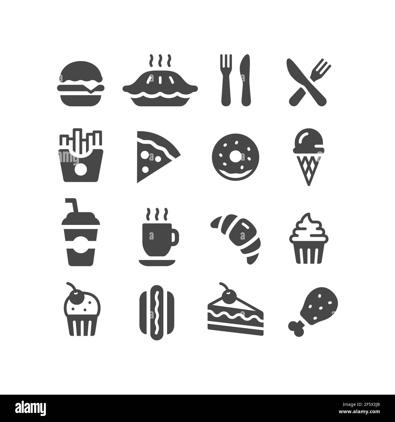 Fast food restaurant or diner vector icon set. Donut, burger, cake, soda black icons. Stock Vector