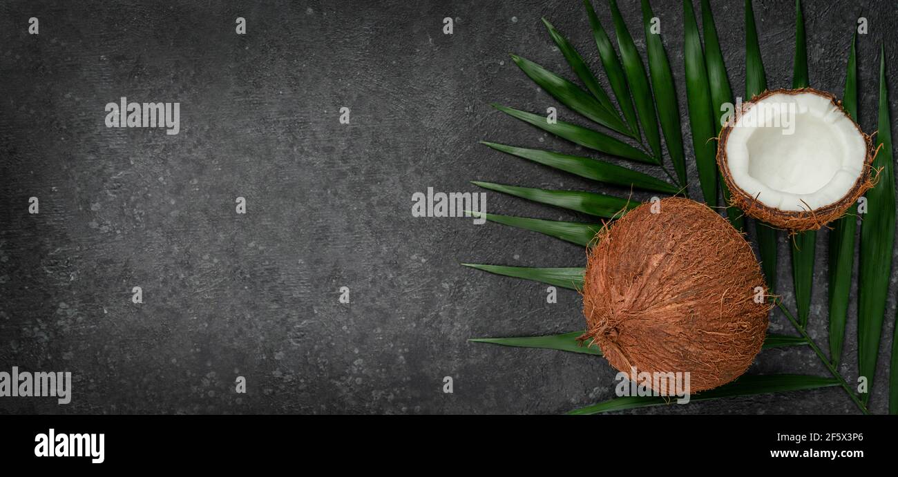 Coconuts on dark background, superfoods concept. Copy space, directly above. Stock Photo