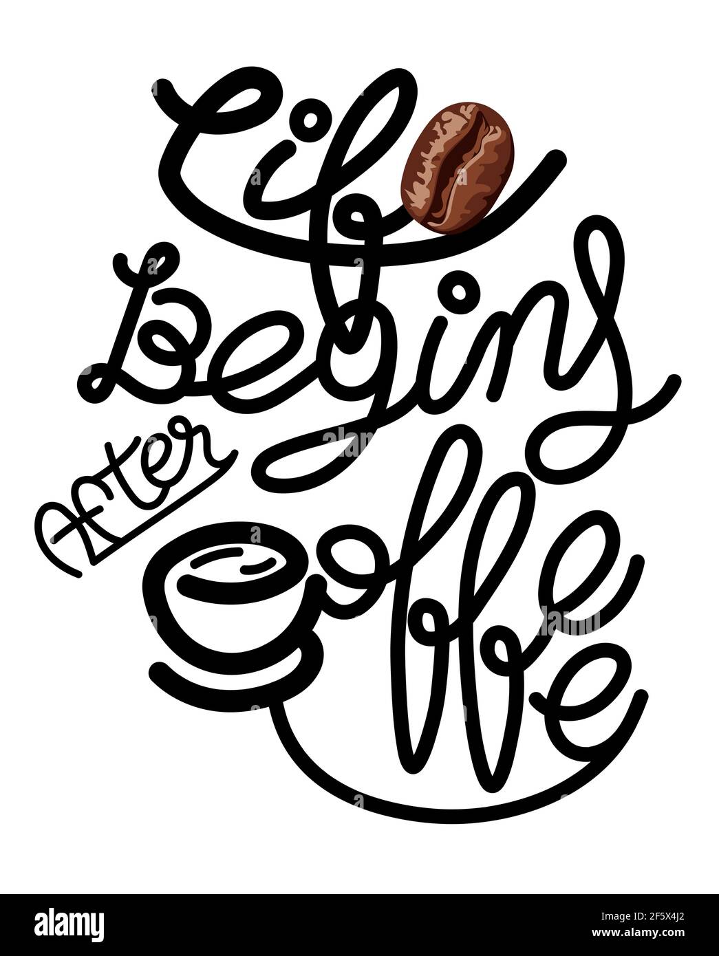 Life begins after coffee. Hand drawn phrase about coffee. Lettering