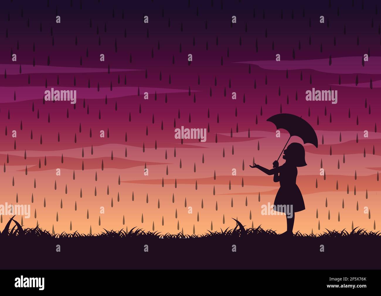 silhouette design of girl and umbrella in the middle of rain,vector illustration Stock Vector