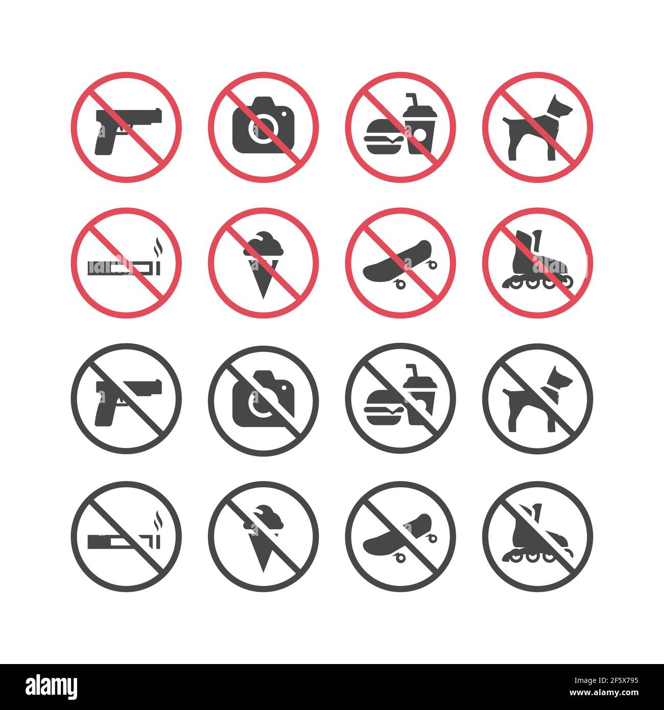 Red prohibition vector icon set. No smoking, no food, no pets, no guns sign set. Stock Vector