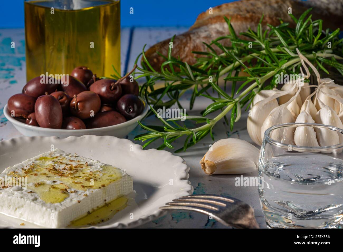 Feta cheese and Kalamata olives Stock Photo
