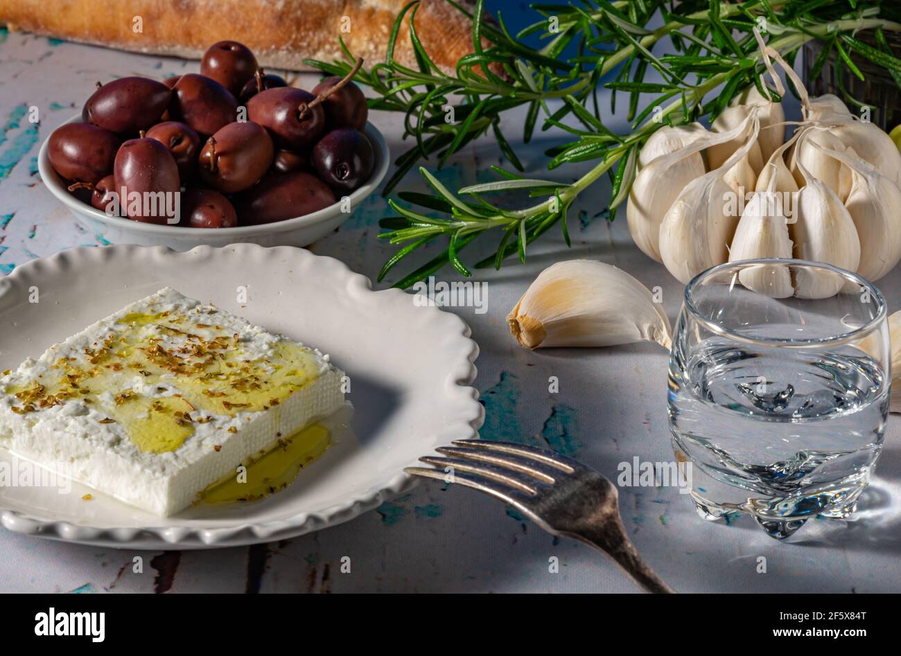 Feta cheese and Kalamata olives Stock Photo