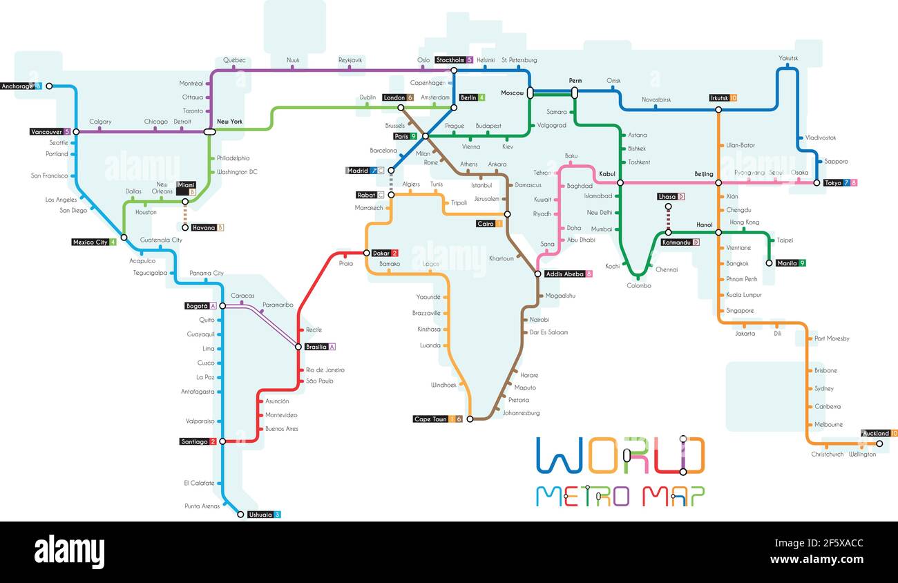 Vector illustration of a world map designed as a subway map Stock Vector