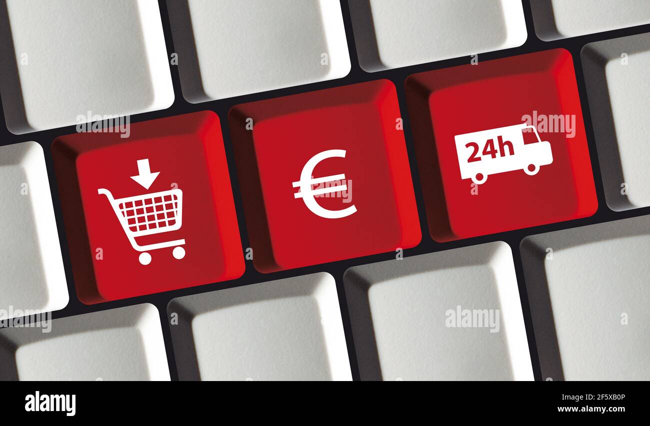 Online shop e-commerce principle on computer keyboard buy, pay, shipping Stock Photo