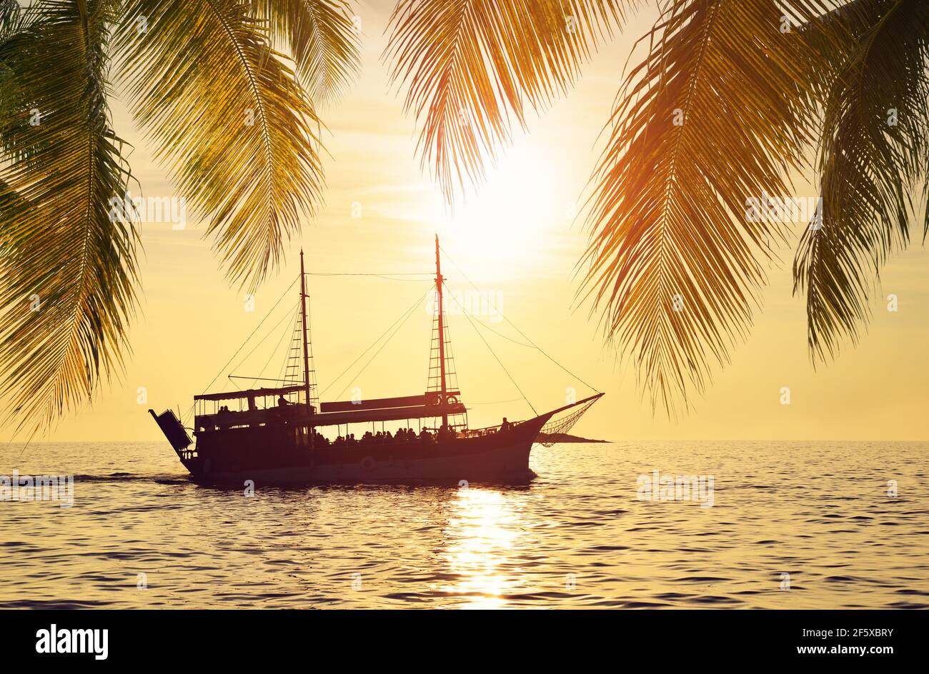 Silhouette of a ship at sea in the sunset Stock Photo - Alamy