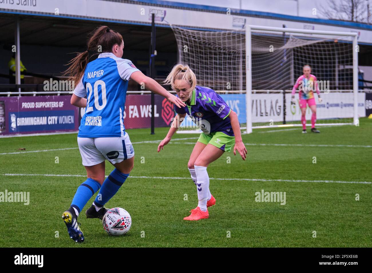 Solihull, UK. 28th Mar, 2021. Jamie-Lee Napier (#20 Birmingham City) taking on Faye Bryson (#2 Bristol City) during the FA Women's Super League match between Birmingham City and Bristol City at SportNation.bet Stadium in Solihull, England. Credit: SPP Sport Press Photo. /Alamy Live News Stock Photo