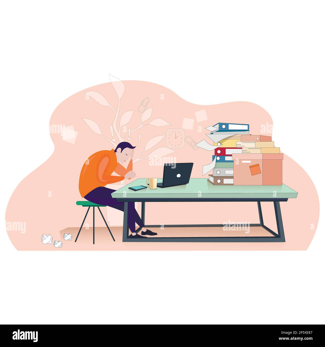 Overworked businessman, stressed deadline, adult man with headache and fatigue, overtime work entrepreneur, vector illustration. Pile of paperwork on Stock Vector