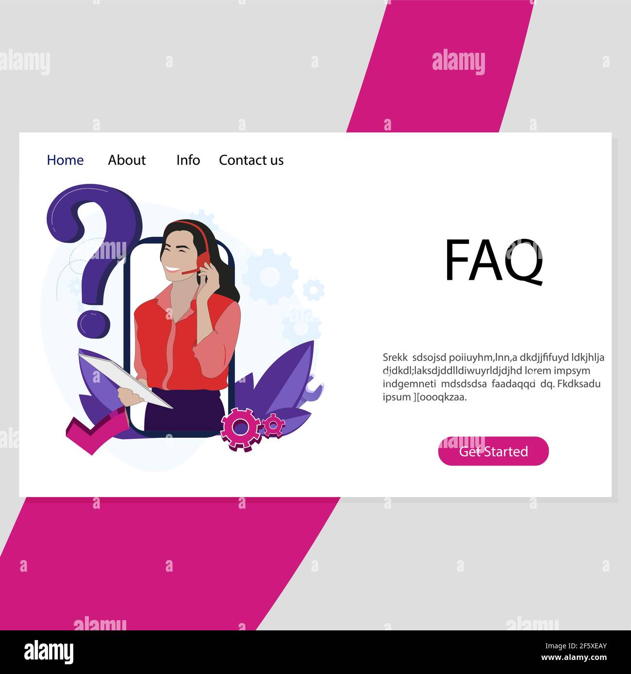 Faq service landing page. Info helpdesk, assistant and support, application hotline, immediately solution. Vector website professional, assistant oper Stock Vector