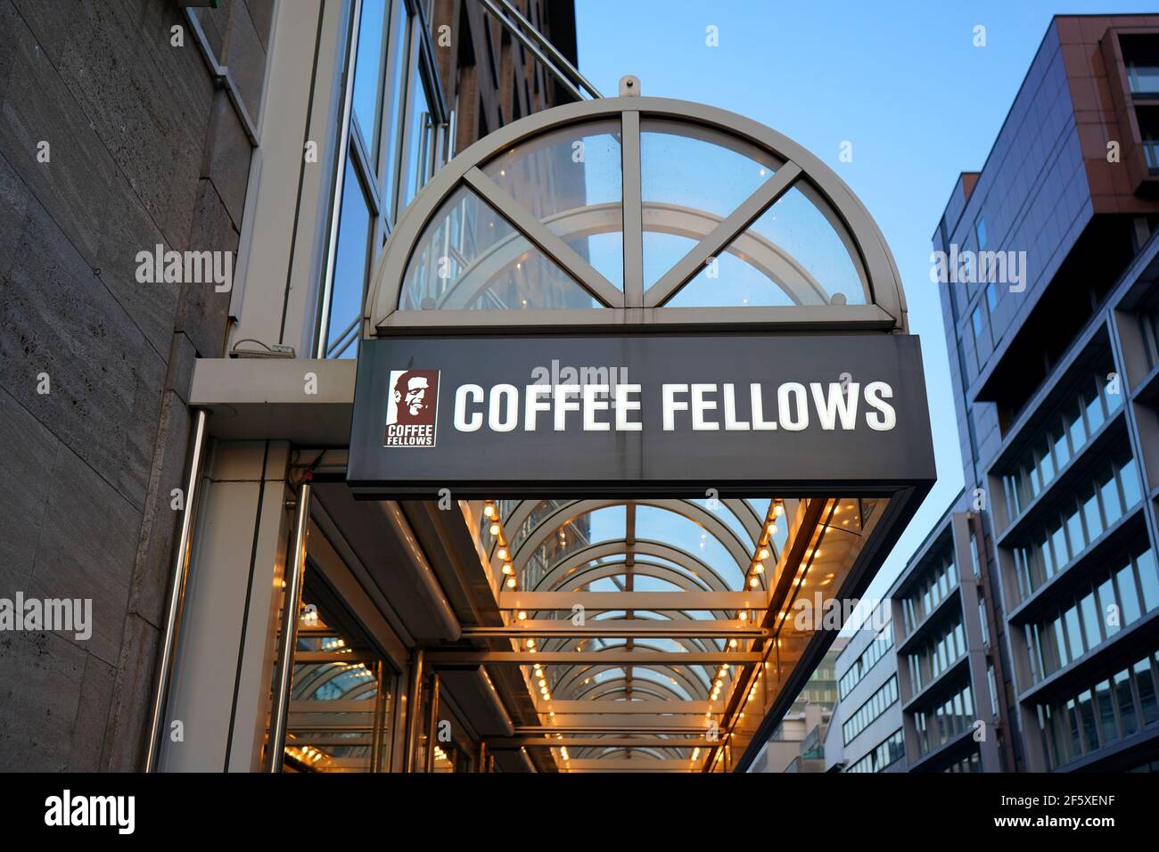 Exterior logo of the coffee shop 'Coffee Fellows' on Königsallee in Düsseldorf. 'Coffee Fellows' is a German coffee shop chain. Stock Photo