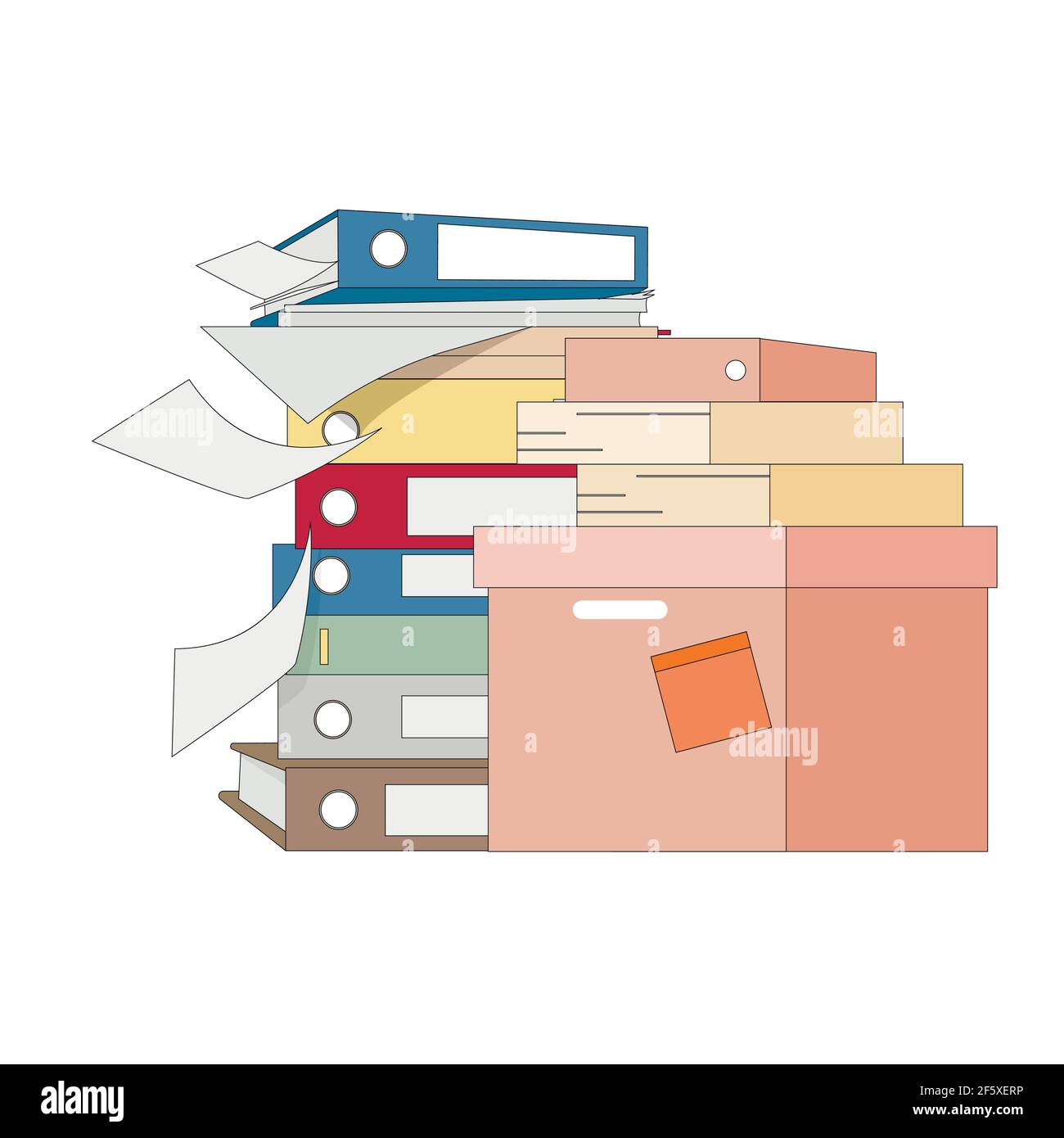 Stack file and folder, lot of work. Vector organize and storage files, overwork documents, folder at workplace, accounting directory illustration Stock Vector