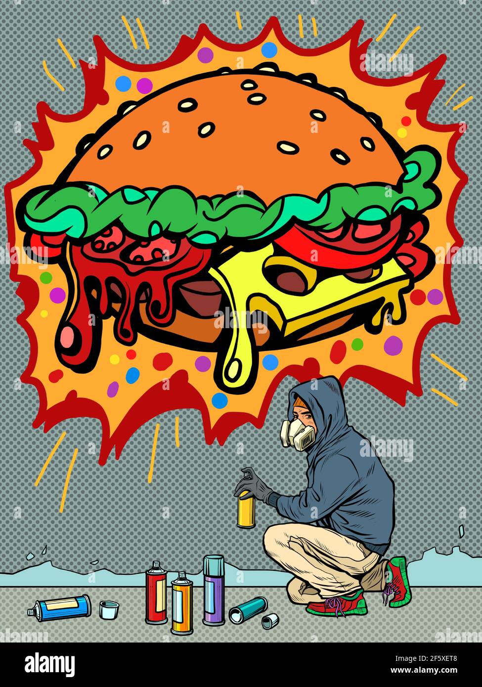 a teenage boy draws a graffiti image of a burger. fast food Stock Vector