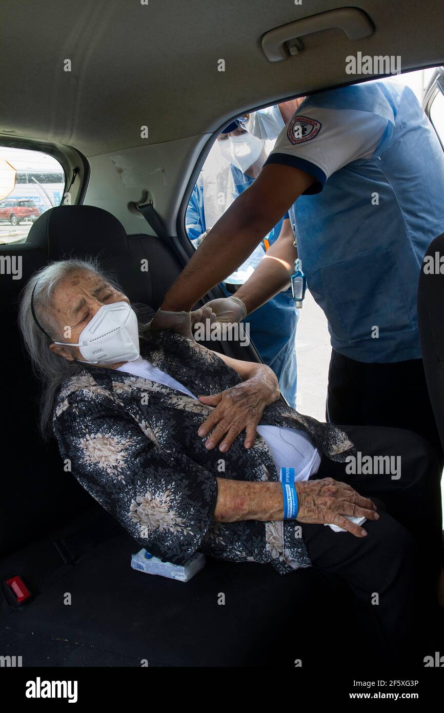 An elderly woman receives the first dose of the Pfizer vaccine against Covid-19 at the Vaccine Car Center Parque de las Leyendas. The Vaccine Car is a procedure in which people are vaccinated against Covid-19 inside their own cars. It was conceived in order to help the elderly, specially the ones who have difficulties to walk and mobilize. The Peruvian government has started the vaccination process beginning with people above 85 years of age. As of today 525,301 peruvians have been vaccinated against Covid-19. Lima, Perú. Stock Photo