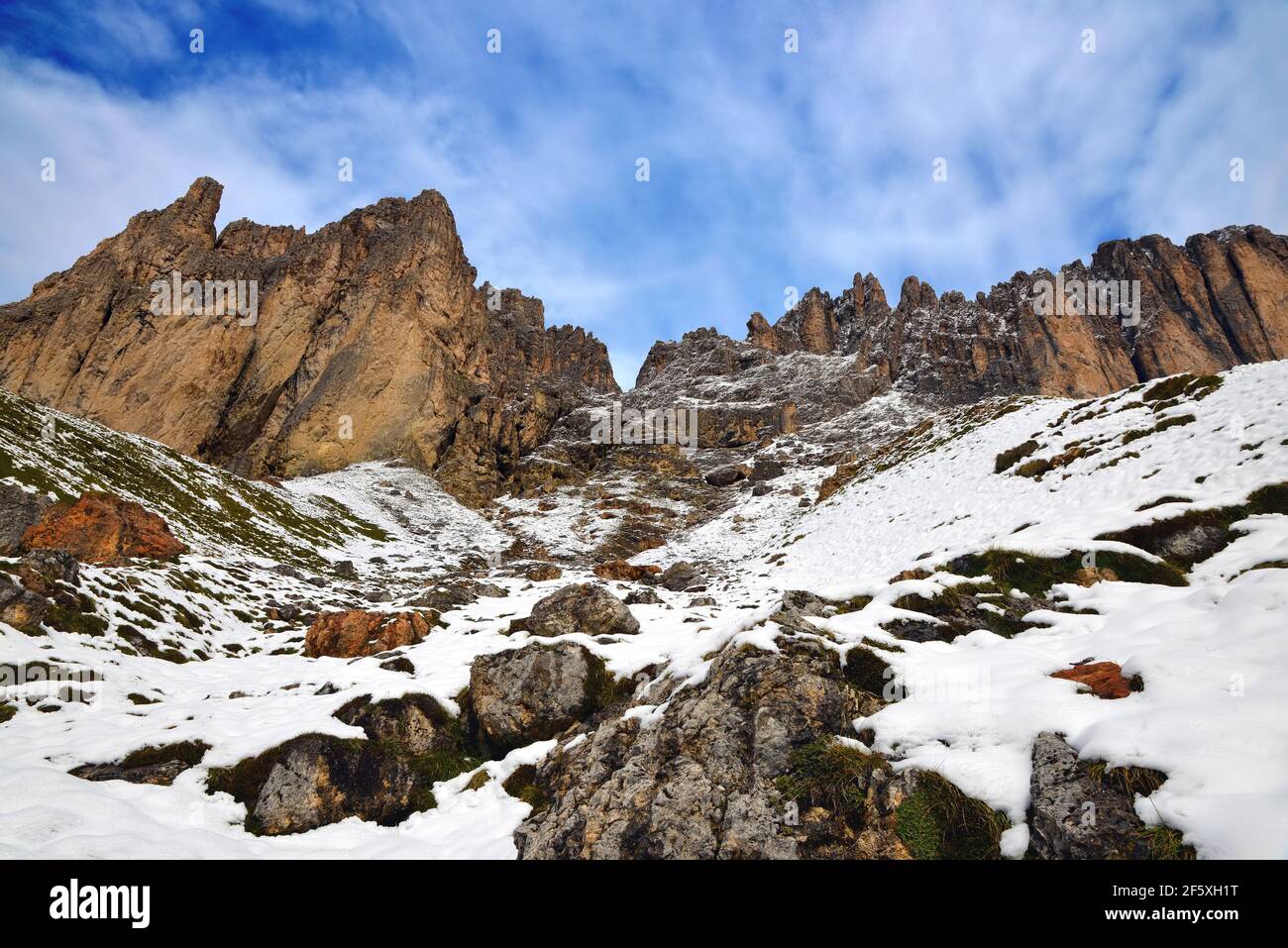 Mountain group Sassolungo (Langkofel). Beautiful snowy winter landscape in Dolomites. Province of Trento, South Tyrol, Italy. Stock Photo