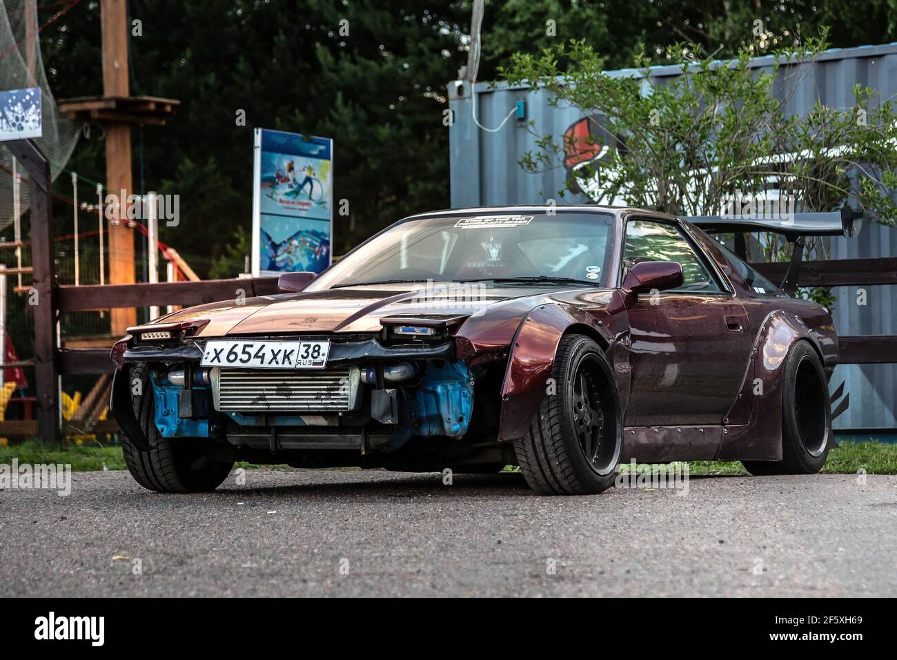 Moscow, Russia - July 06, 2019: Tuned Nissan 240SX. Special maded professional drift car. Parked near autodrome. Removed front bumper for trainings. Stock Photo