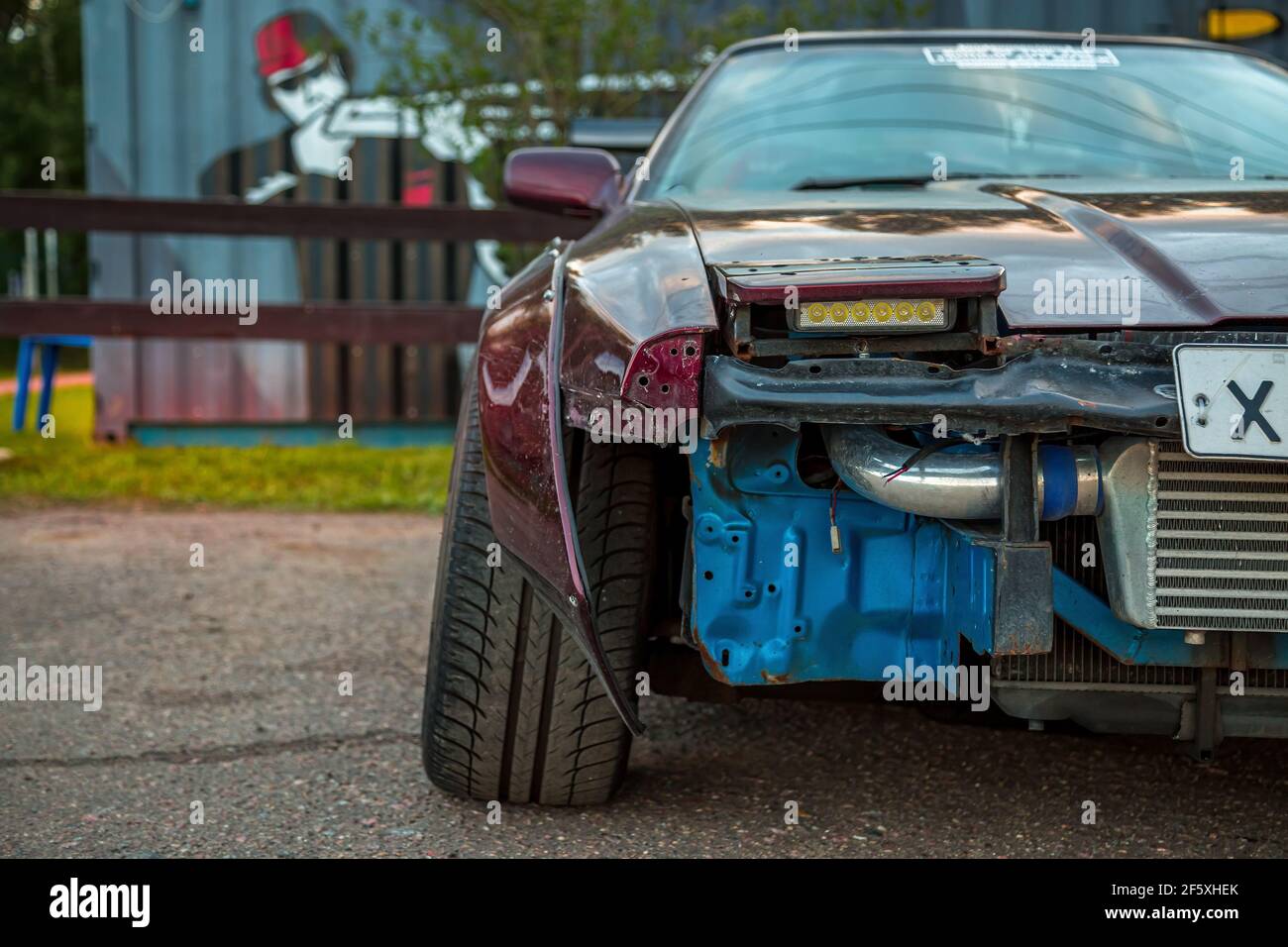 Moscow, Russia - July 06, 2019: Tuned Nissan 240SX. Special maded professional drift car. Parked near autodrome. Front of the car bumper removed. Headlights replaced by LED. Huge radiator in front. Stock Photo